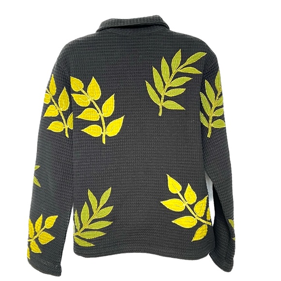 Asian Creations Jacket Floral Appliqued Leaves Vintage Black Green 100% Cotton S - Picture 6 of 7